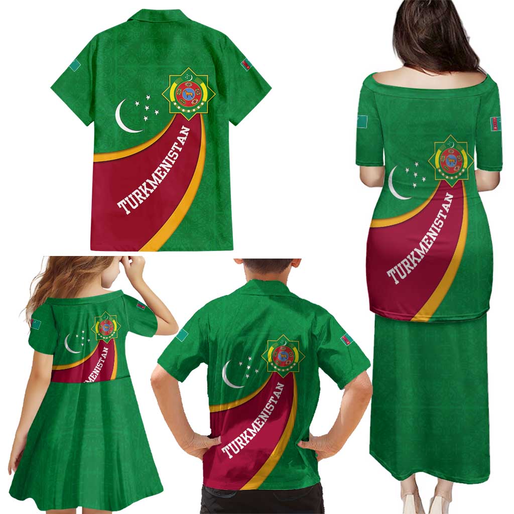 Turkmenistan Green Family Matching Puletasi and Hawaiian Shirt with Crescent Moon and State Emblem Design