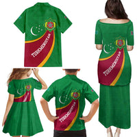 Turkmenistan Green Family Matching Puletasi and Hawaiian Shirt with Crescent Moon and State Emblem Design