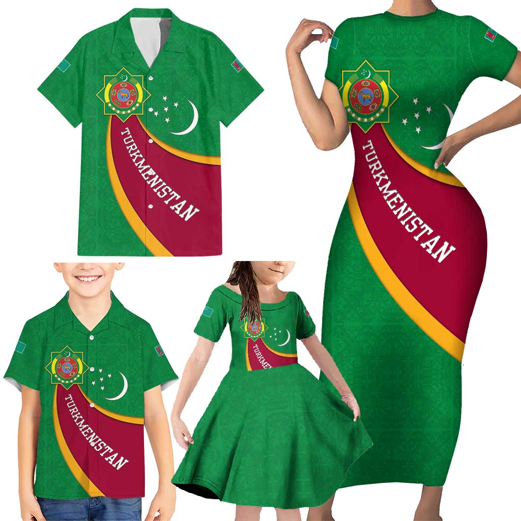 Turkmenistan Green Family Matching Short Sleeve Bodycon Dress and Hawaiian Shirt with Crescent Moon and State Emblem Design