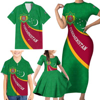 Turkmenistan Green Family Matching Short Sleeve Bodycon Dress and Hawaiian Shirt with Crescent Moon and State Emblem Design