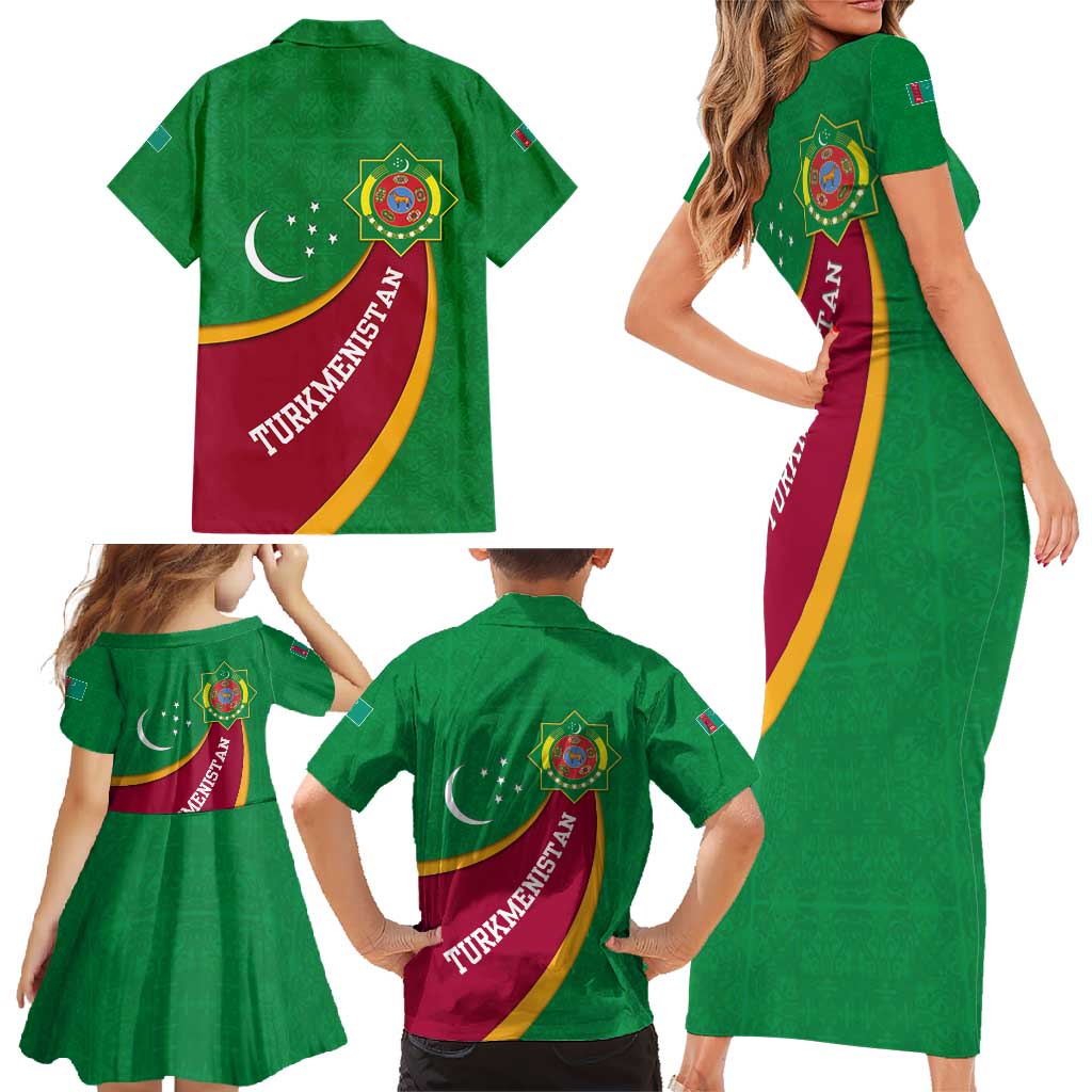 Turkmenistan Green Family Matching Short Sleeve Bodycon Dress and Hawaiian Shirt with Crescent Moon and State Emblem Design