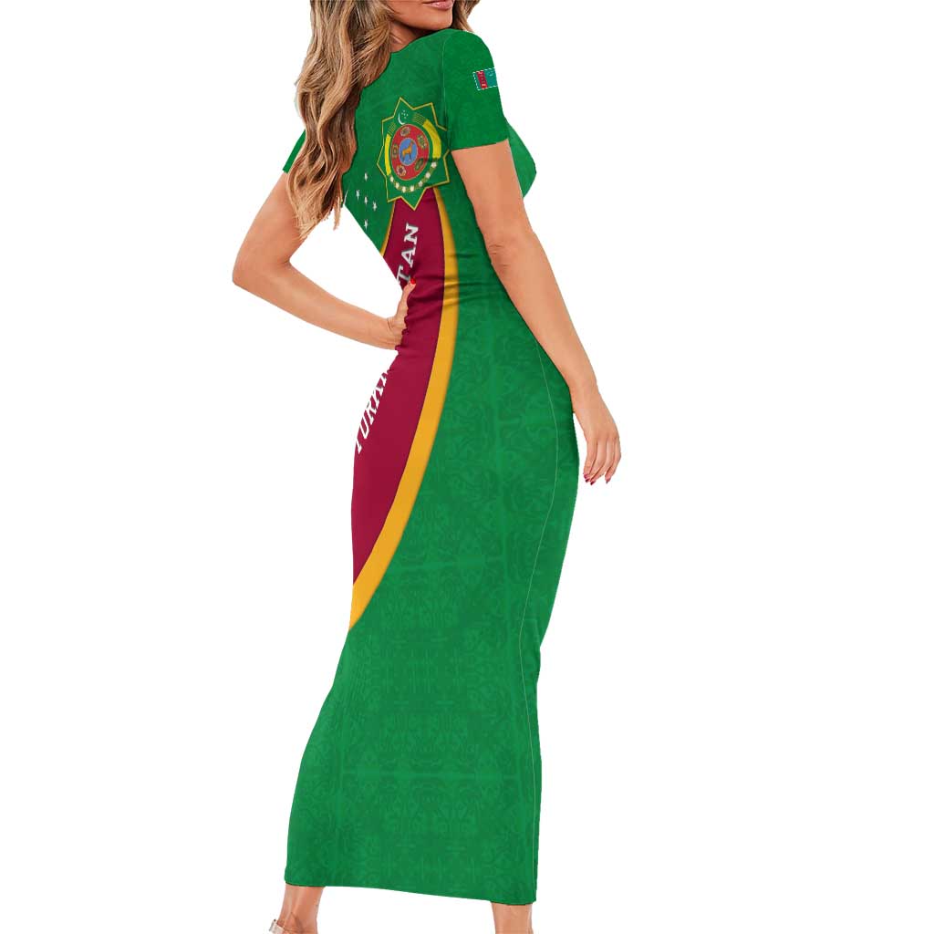 Turkmenistan Green Family Matching Short Sleeve Bodycon Dress and Hawaiian Shirt with Crescent Moon and State Emblem Design