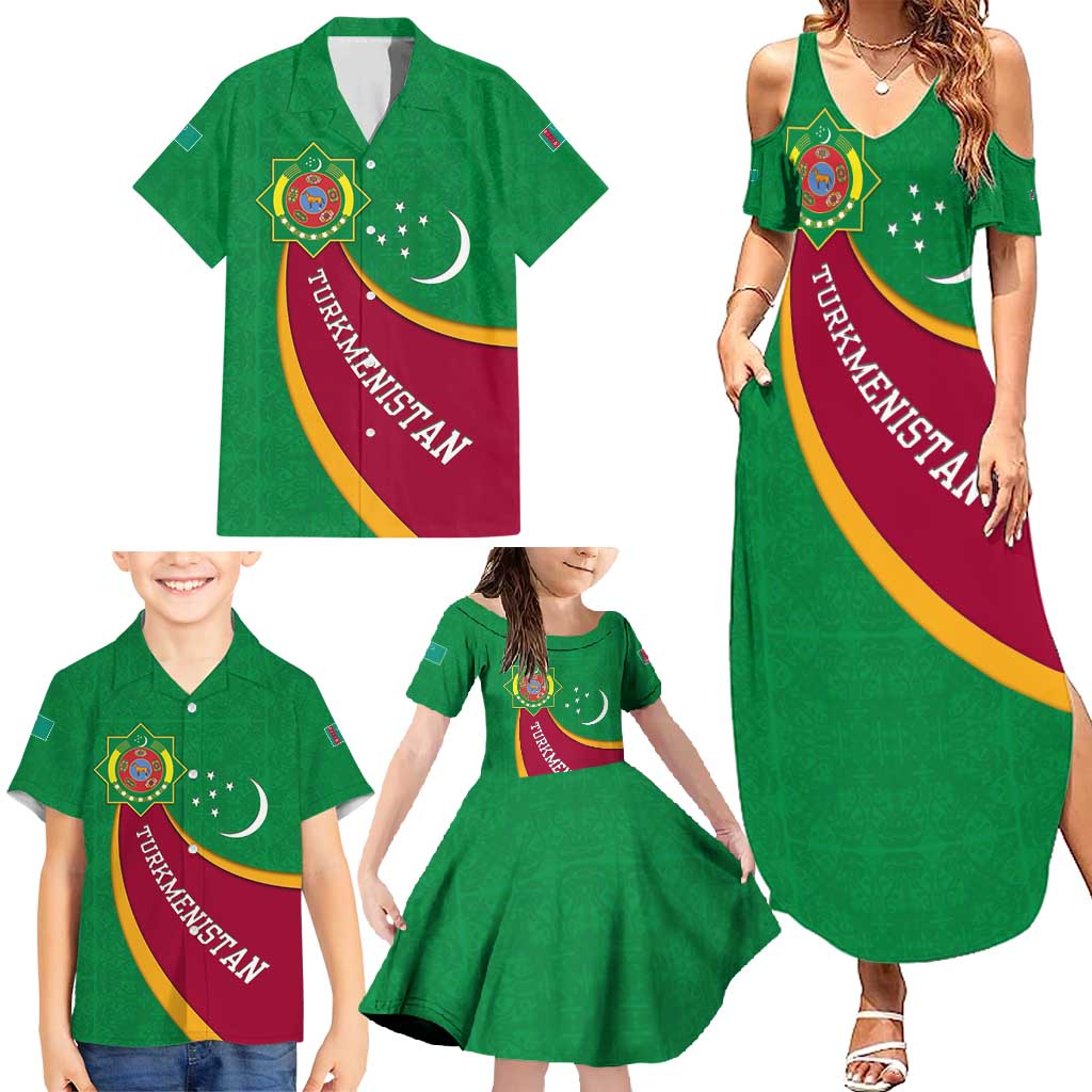 Turkmenistan Green Family Matching Summer Maxi Dress and Hawaiian Shirt with Crescent Moon and State Emblem Design