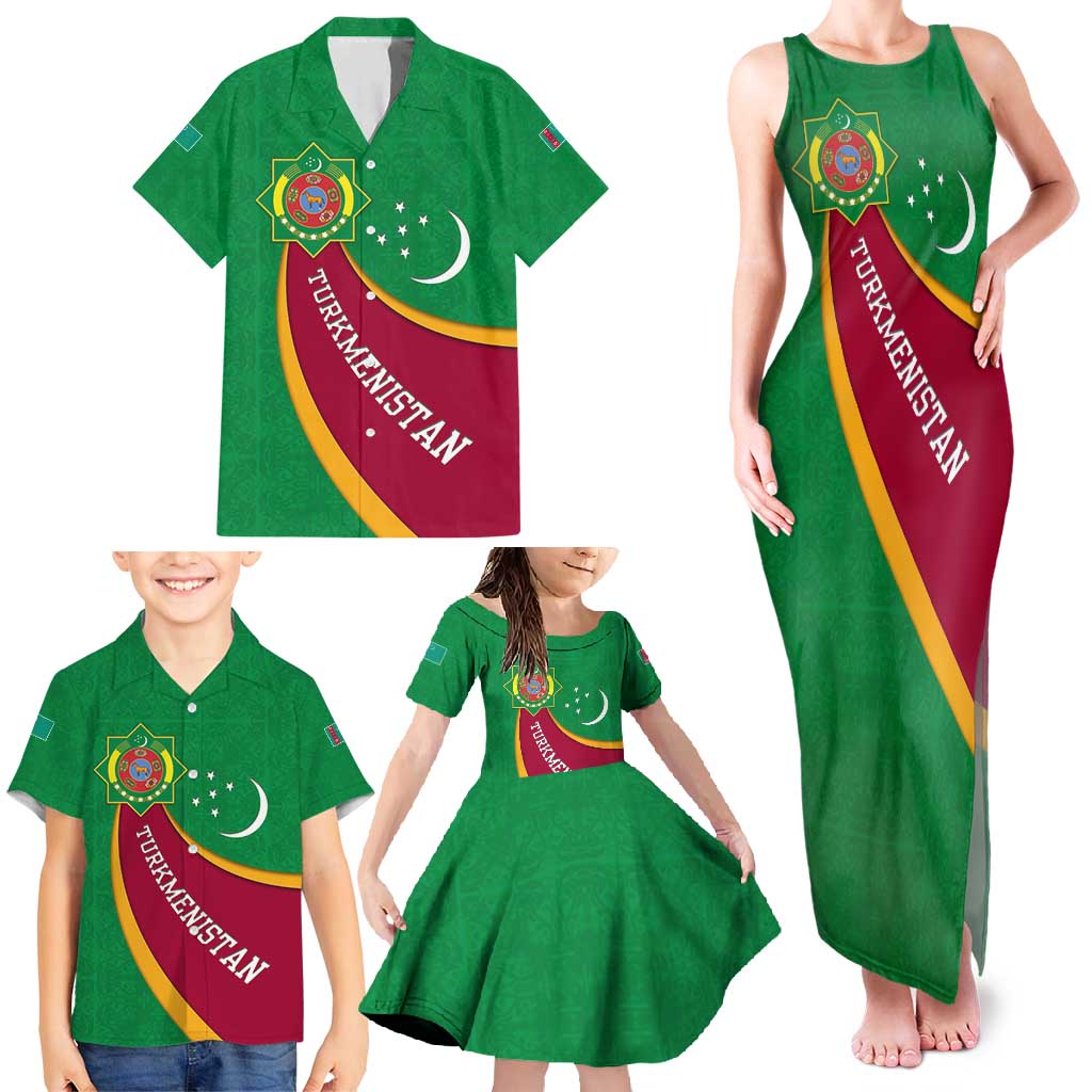 Turkmenistan Green Family Matching Tank Maxi Dress and Hawaiian Shirt with Crescent Moon and State Emblem Design