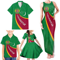 Turkmenistan Green Family Matching Tank Maxi Dress and Hawaiian Shirt with Crescent Moon and State Emblem Design