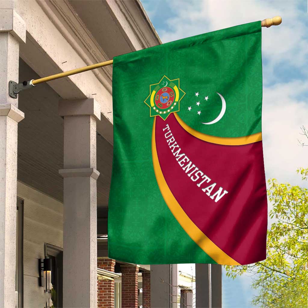 Turkmenistan Green Garden Flag with Crescent Moon and State Emblem Design