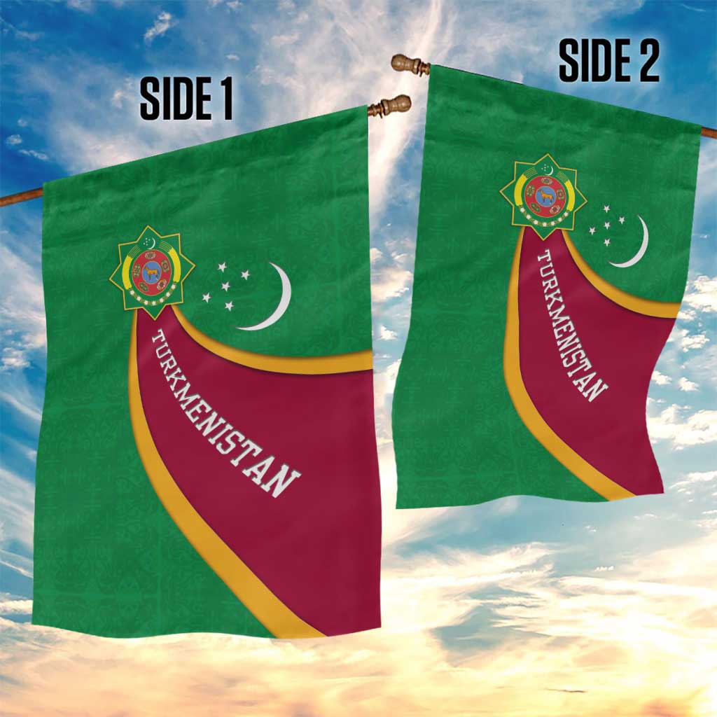 Turkmenistan Green Garden Flag with Crescent Moon and State Emblem Design