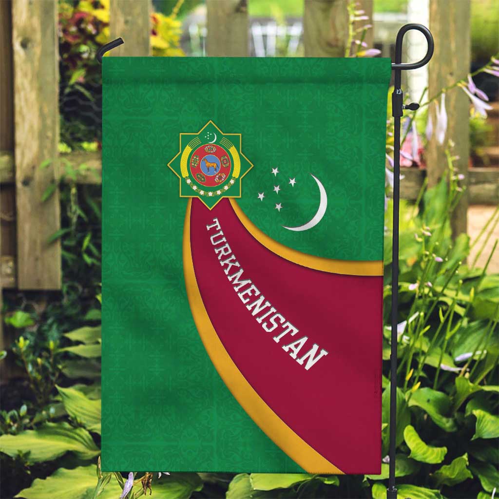 Turkmenistan Green Garden Flag with Crescent Moon and State Emblem Design