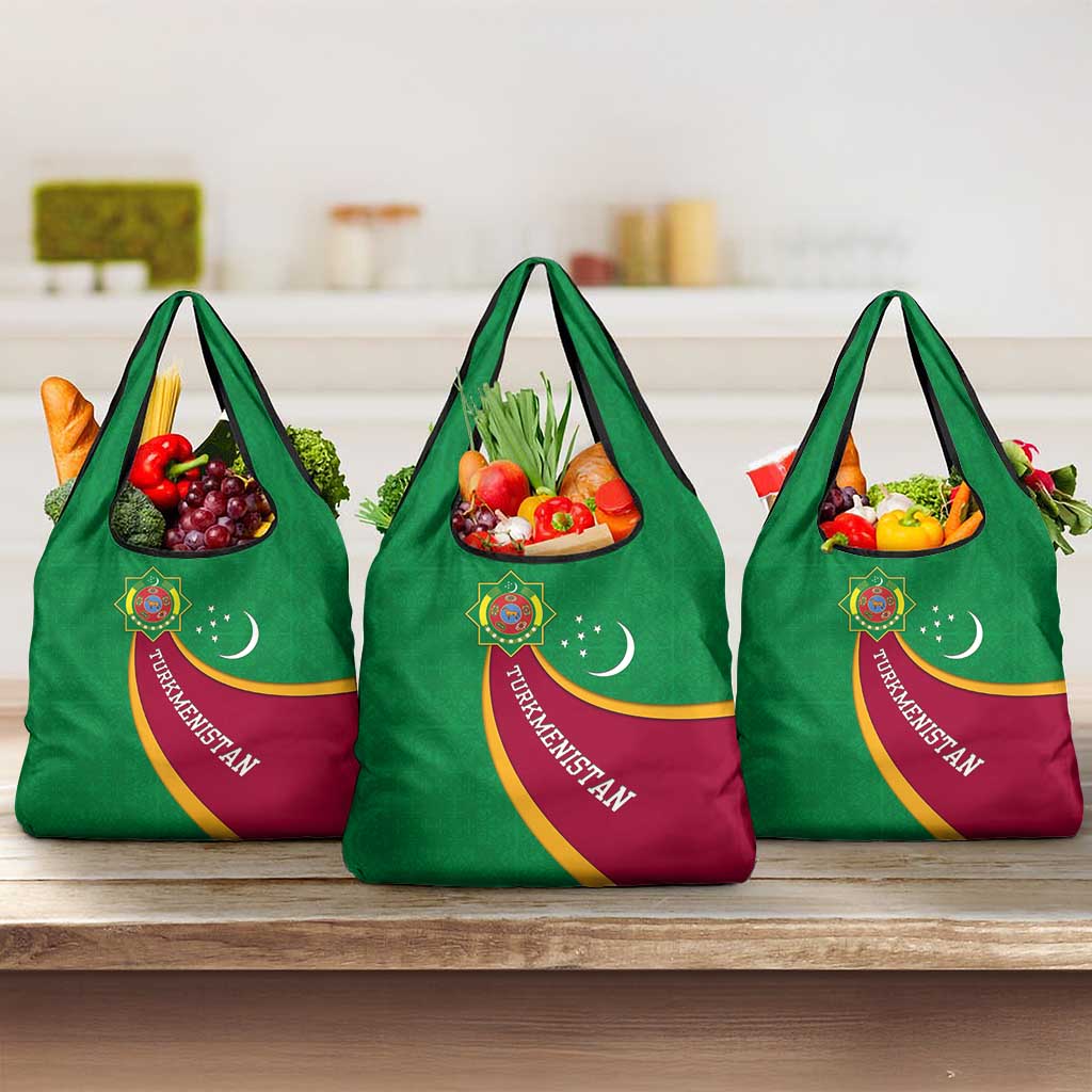 Turkmenistan Green Grocery Bag with Crescent Moon and State Emblem Design