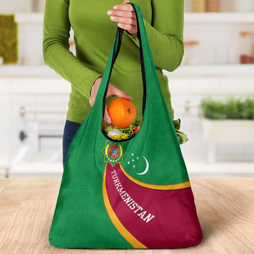 Turkmenistan Green Grocery Bag with Crescent Moon and State Emblem Design
