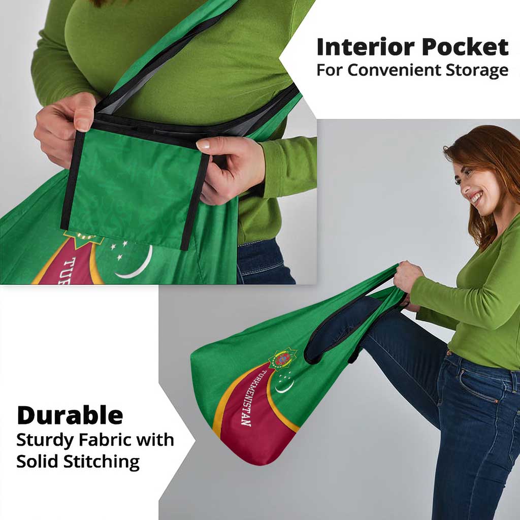Turkmenistan Green Grocery Bag with Crescent Moon and State Emblem Design