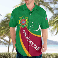 Turkmenistan Green Hawaiian Shirt with Crescent Moon and State Emblem Design
