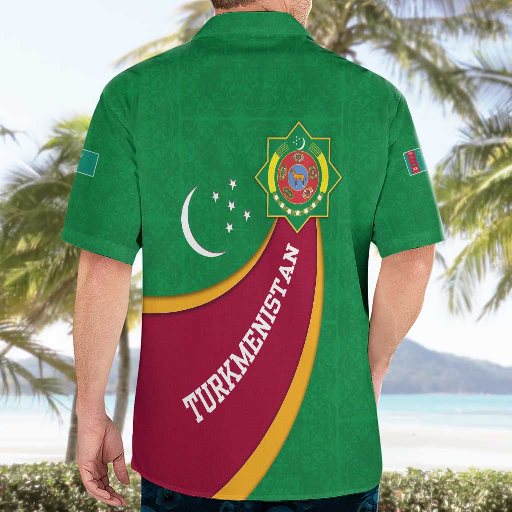 Turkmenistan Green Hawaiian Shirt with Crescent Moon and State Emblem Design