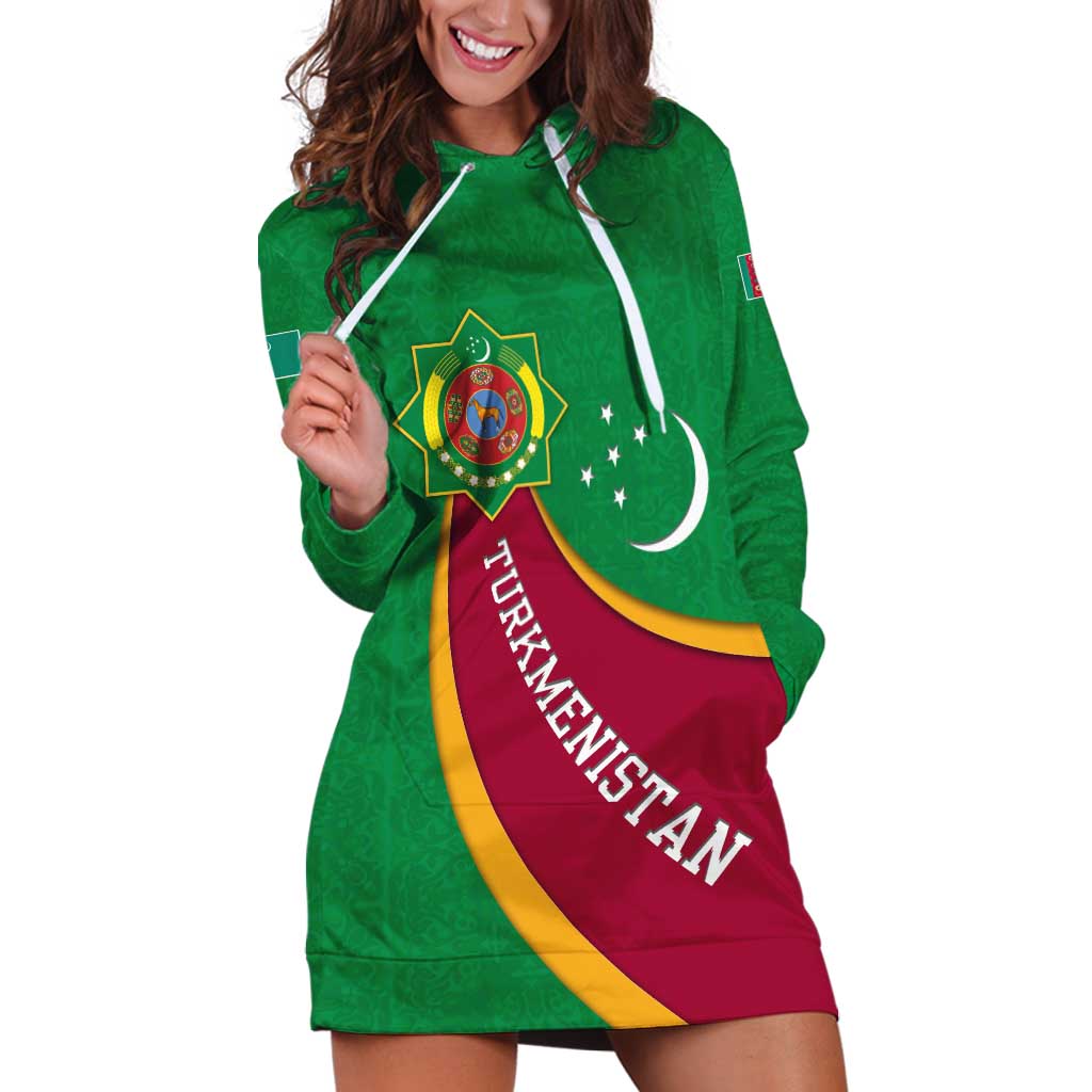 Turkmenistan Green Hoodie Dress with Crescent Moon and State Emblem Design
