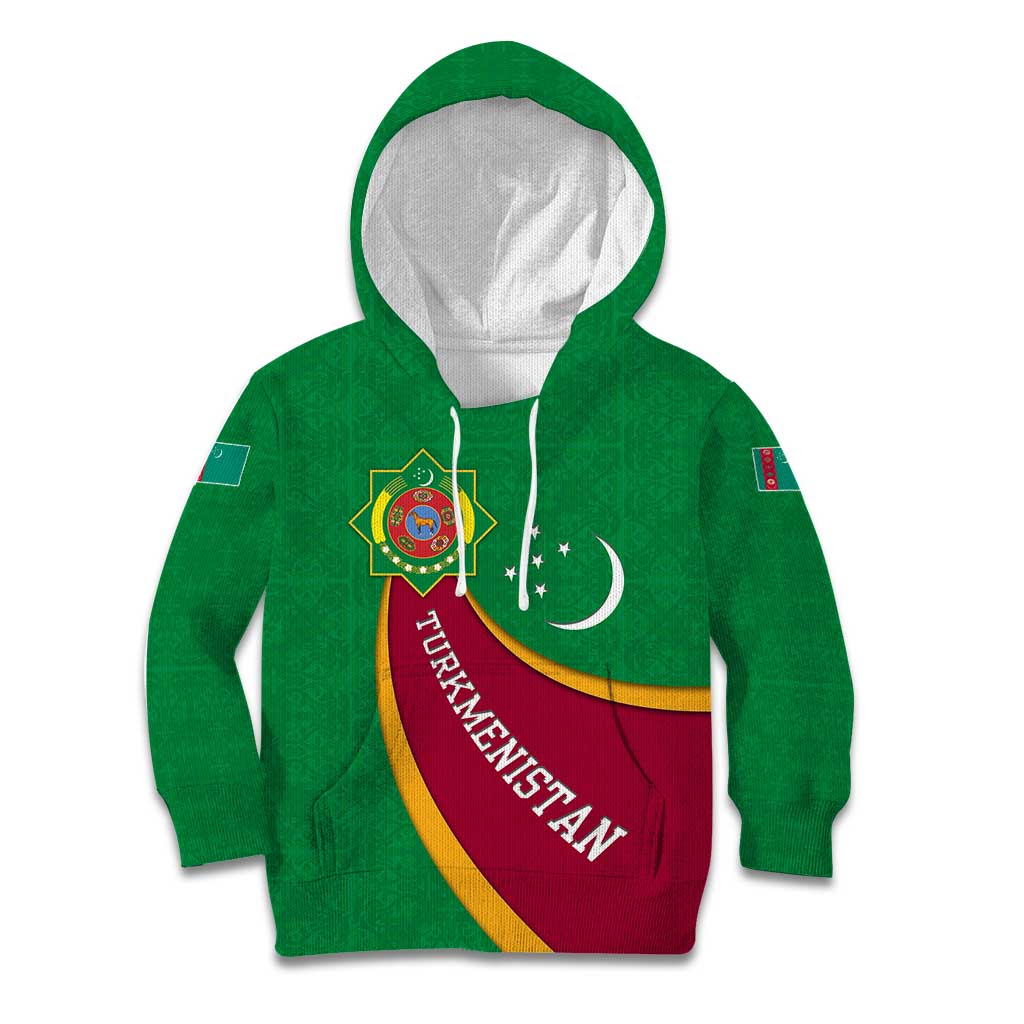 Turkmenistan Green Kid Hoodie with Crescent Moon and State Emblem Design