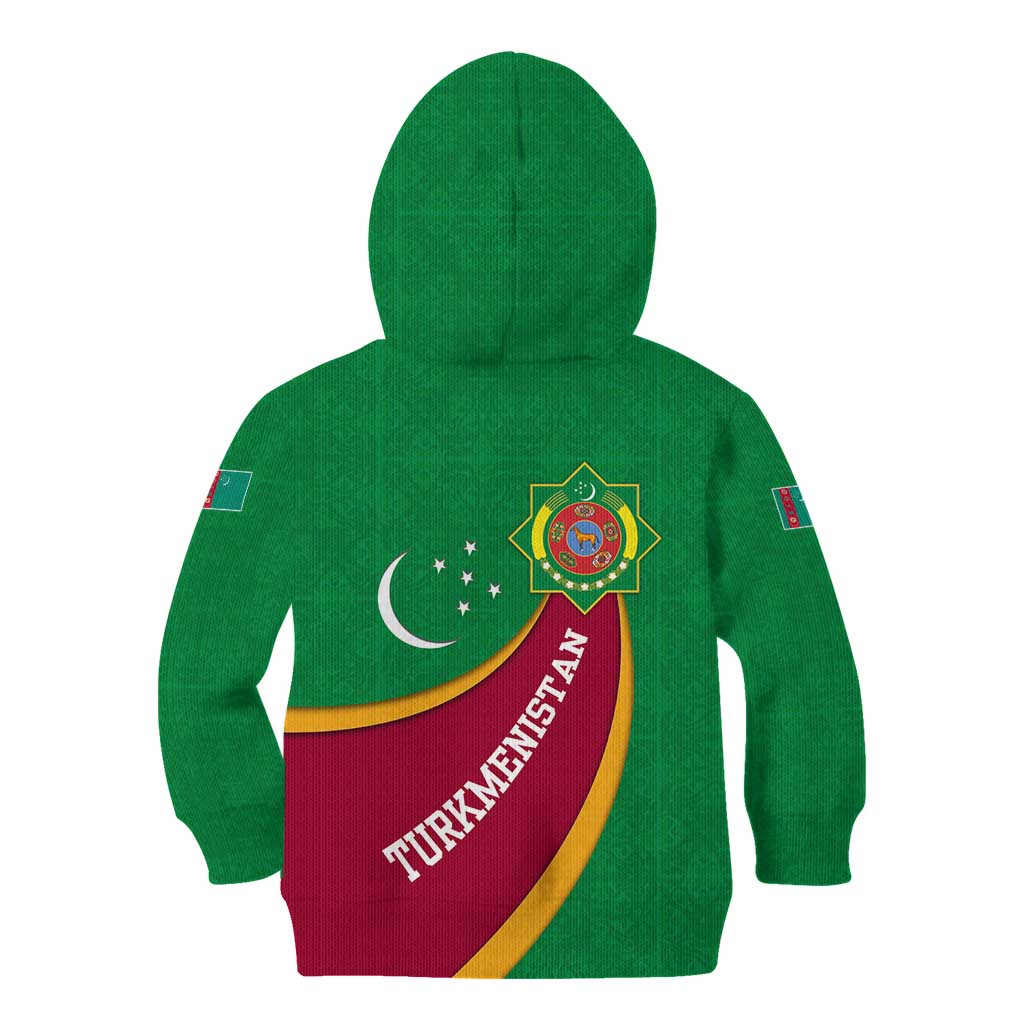 Turkmenistan Green Kid Hoodie with Crescent Moon and State Emblem Design