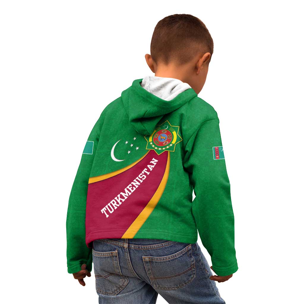 Turkmenistan Green Kid Hoodie with Crescent Moon and State Emblem Design