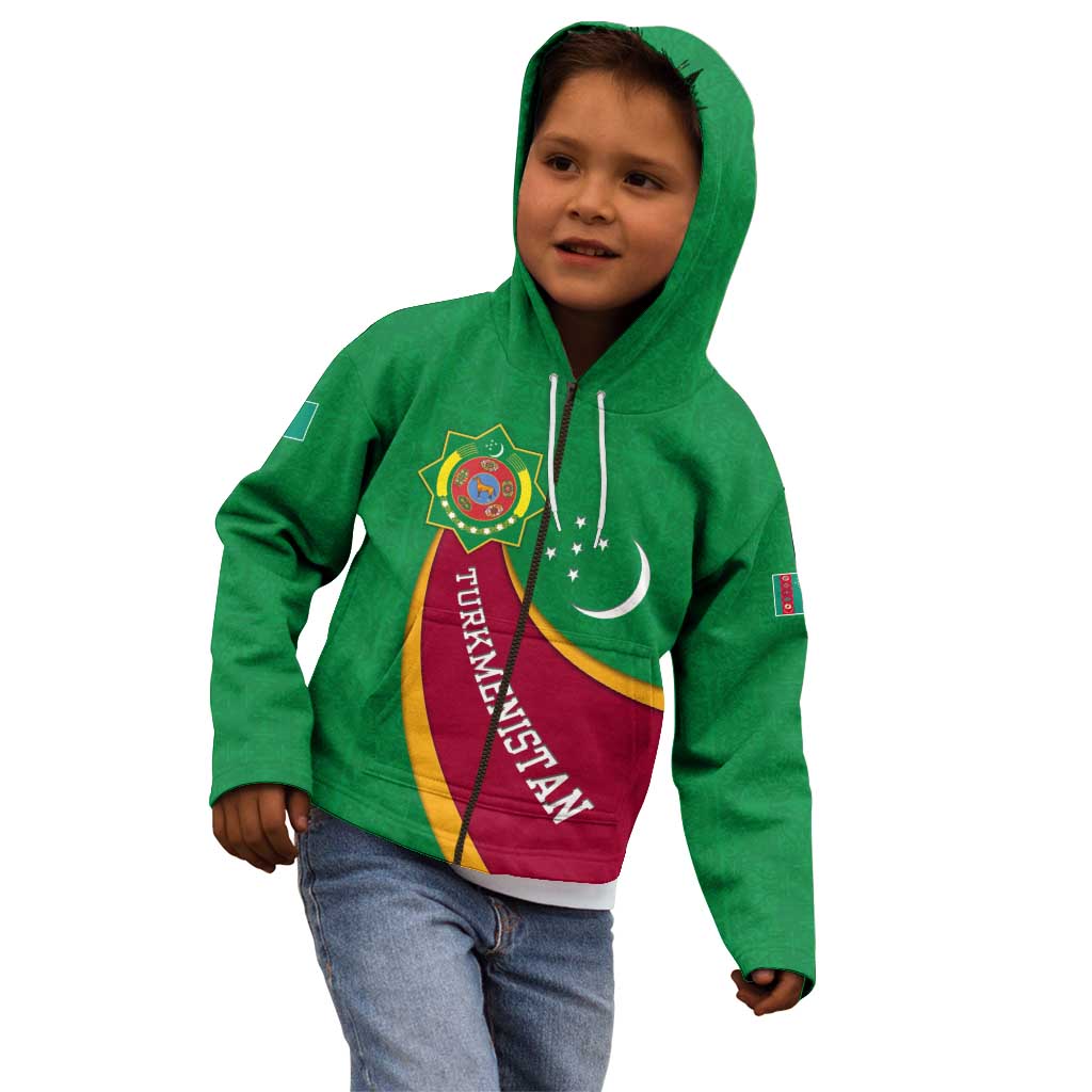Turkmenistan Green Kid Hoodie with Crescent Moon and State Emblem Design