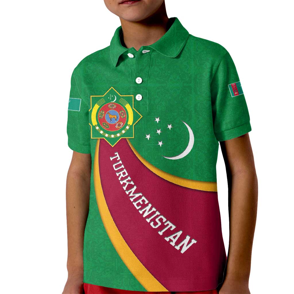 Turkmenistan Green Kid Polo Shirt with Crescent Moon and State Emblem Design