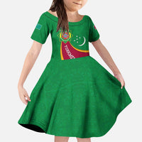 Turkmenistan Green Kid Short Sleeve Dress with Crescent Moon and State Emblem Design
