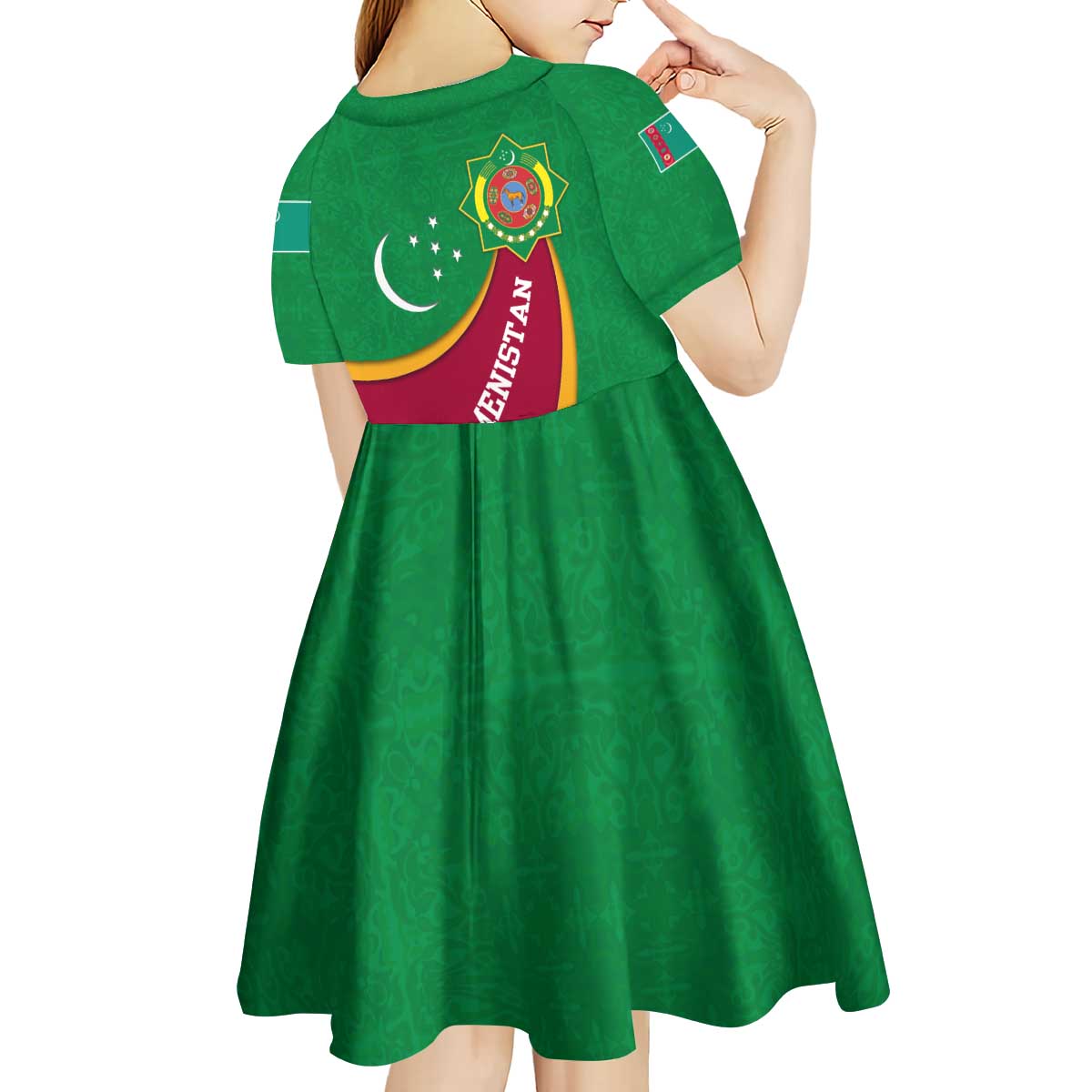 Turkmenistan Green Kid Short Sleeve Dress with Crescent Moon and State Emblem Design