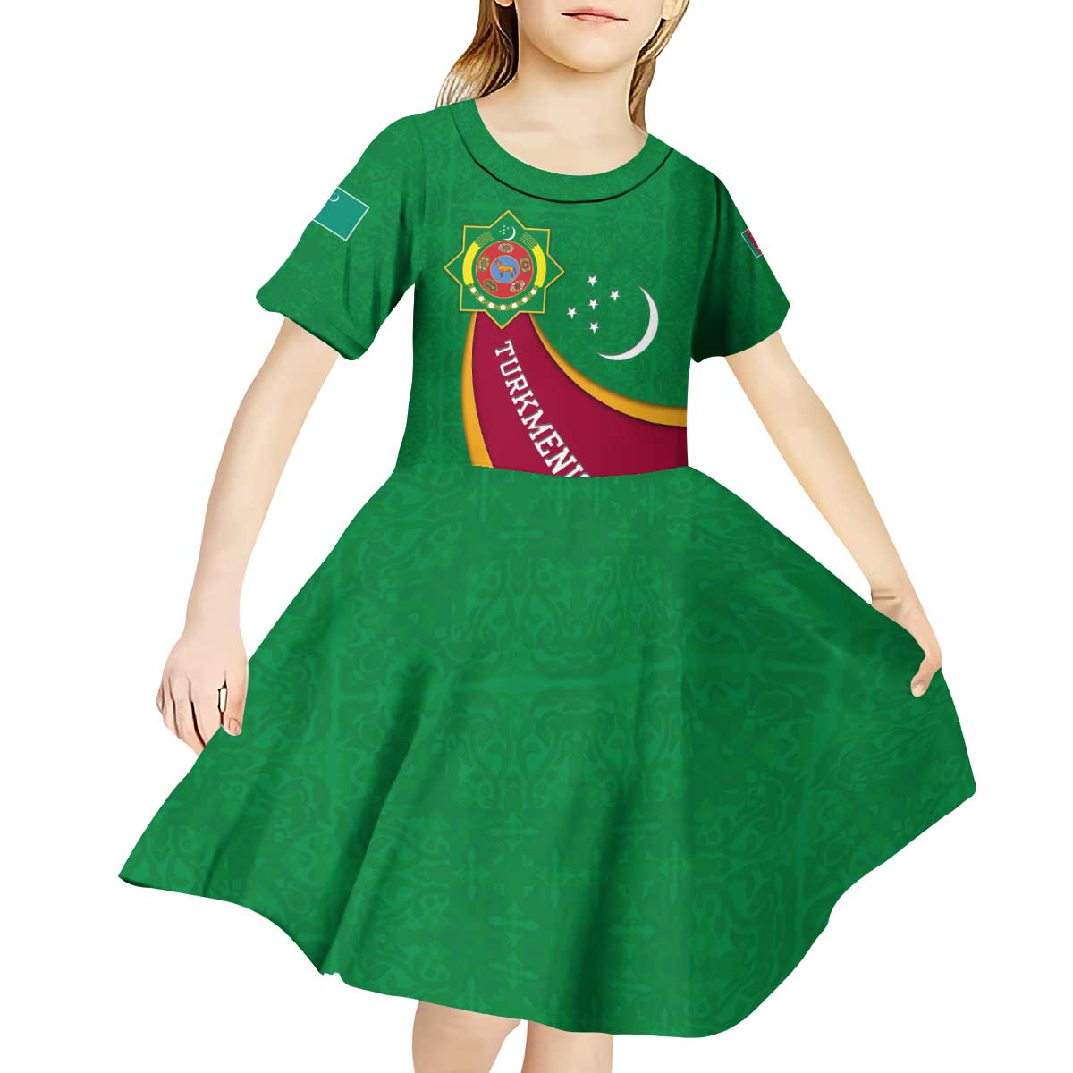 Turkmenistan Green Kid Short Sleeve Dress with Crescent Moon and State Emblem Design