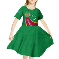 Turkmenistan Green Kid Short Sleeve Dress with Crescent Moon and State Emblem Design