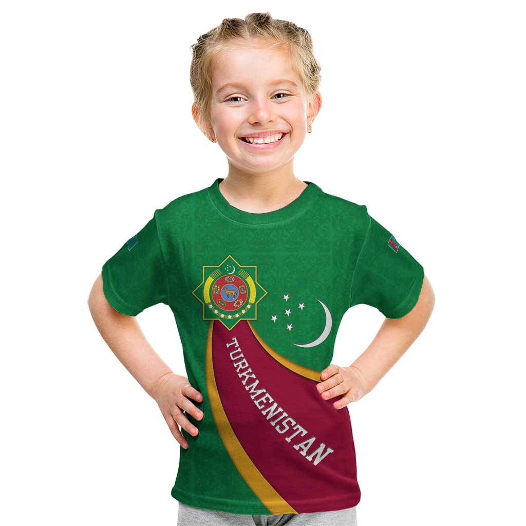 Turkmenistan Green Kid T Shirt with Crescent Moon and State Emblem Design