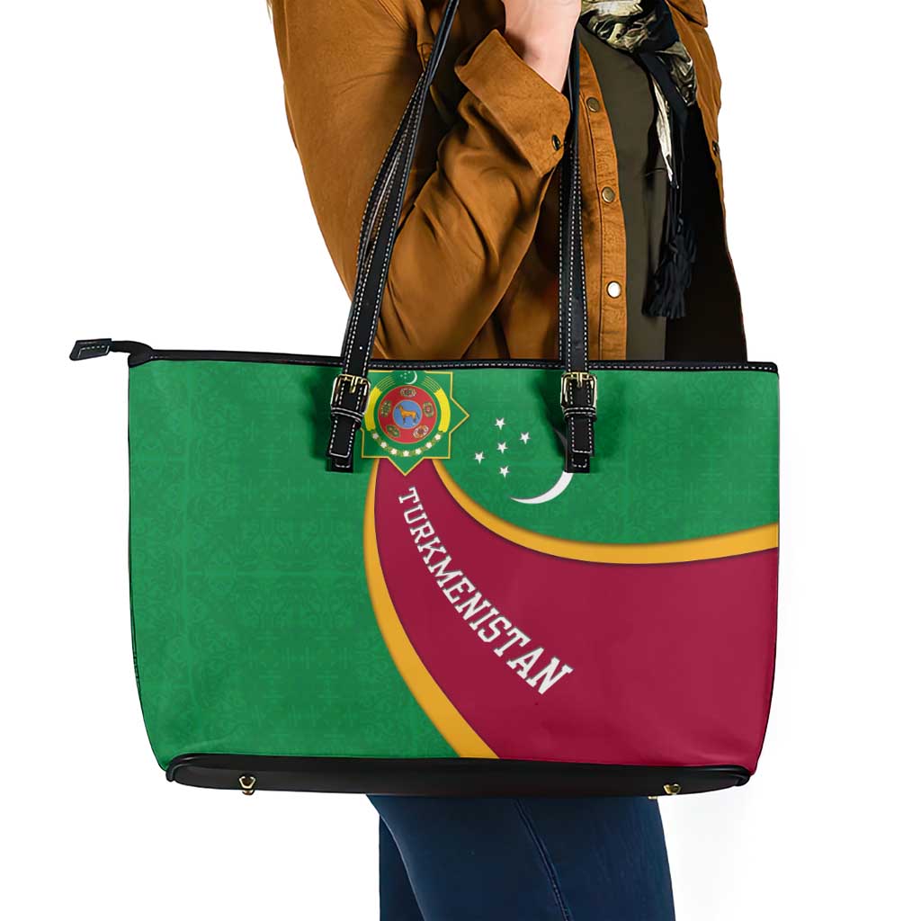 Turkmenistan Green Leather Tote Bag with Crescent Moon and State Emblem Design