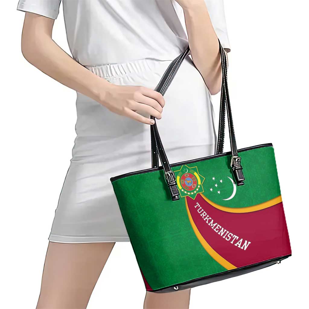 Turkmenistan Green Leather Tote Bag with Crescent Moon and State Emblem Design