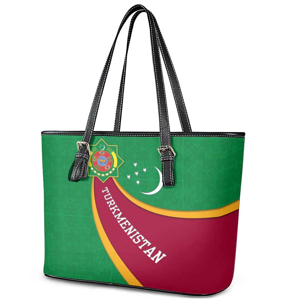 Turkmenistan Green Leather Tote Bag with Crescent Moon and State Emblem Design