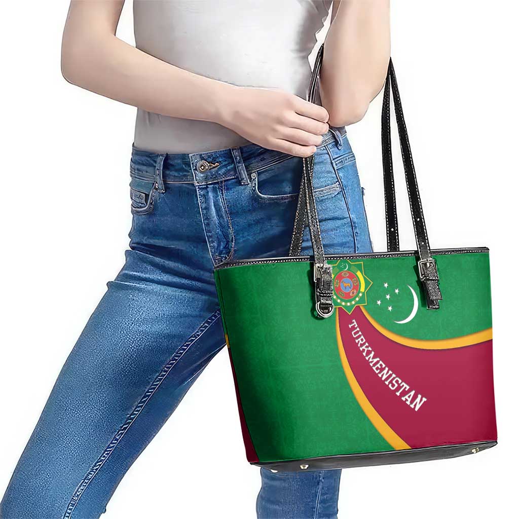 Turkmenistan Green Leather Tote Bag with Crescent Moon and State Emblem Design