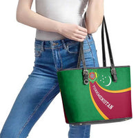 Turkmenistan Green Leather Tote Bag with Crescent Moon and State Emblem Design