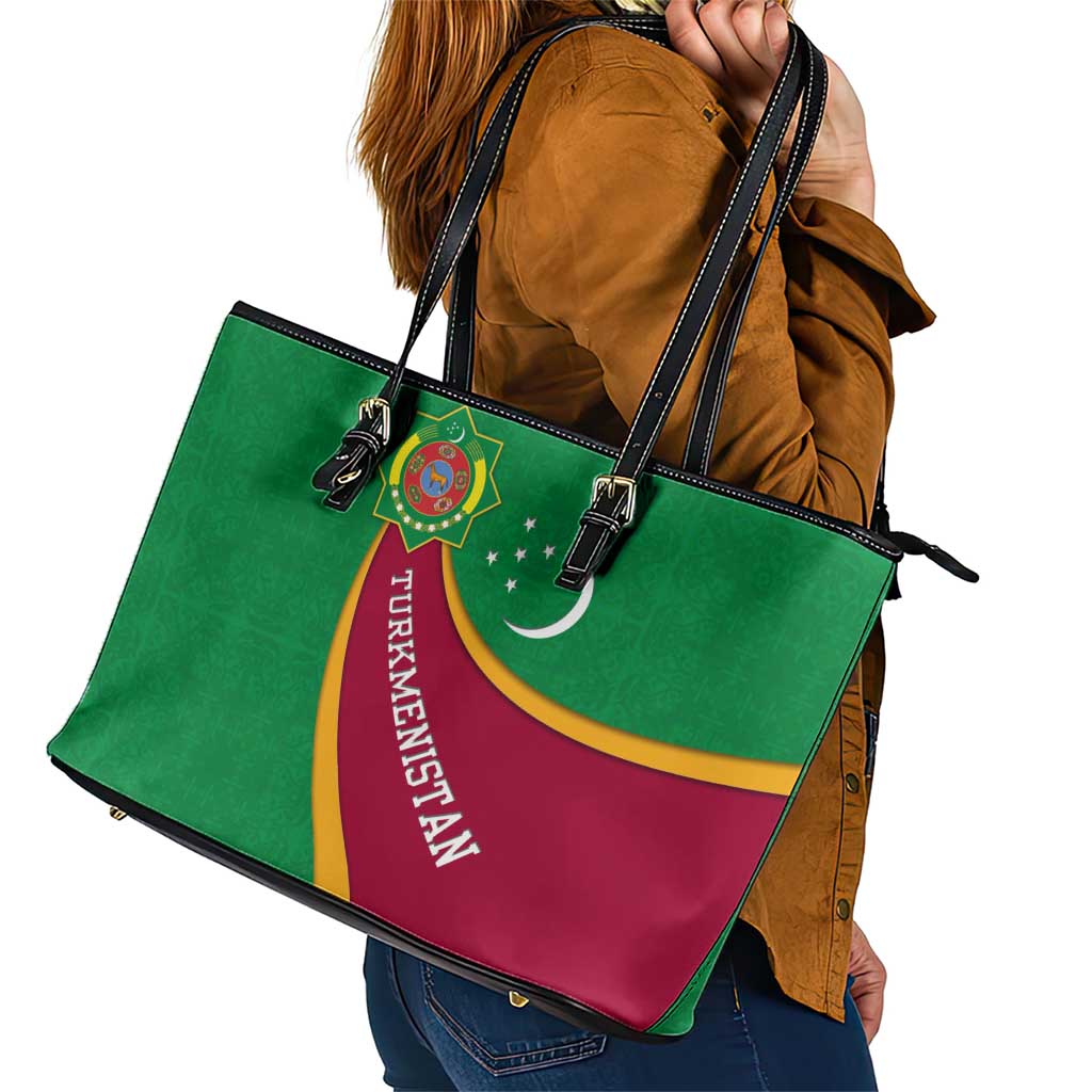 Turkmenistan Green Leather Tote Bag with Crescent Moon and State Emblem Design