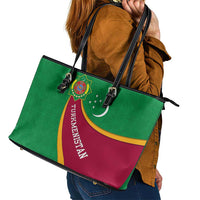 Turkmenistan Green Leather Tote Bag with Crescent Moon and State Emblem Design