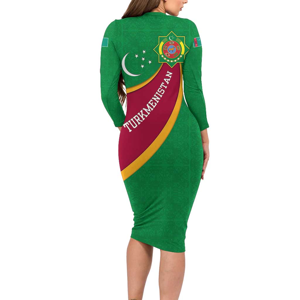 Turkmenistan Green Long Sleeve Bodycon Dress with Crescent Moon and State Emblem Design