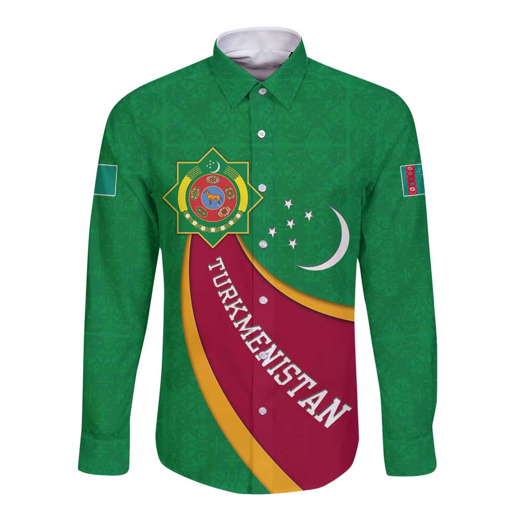 Turkmenistan Green Long Sleeve Button Shirt with Crescent Moon and State Emblem Design