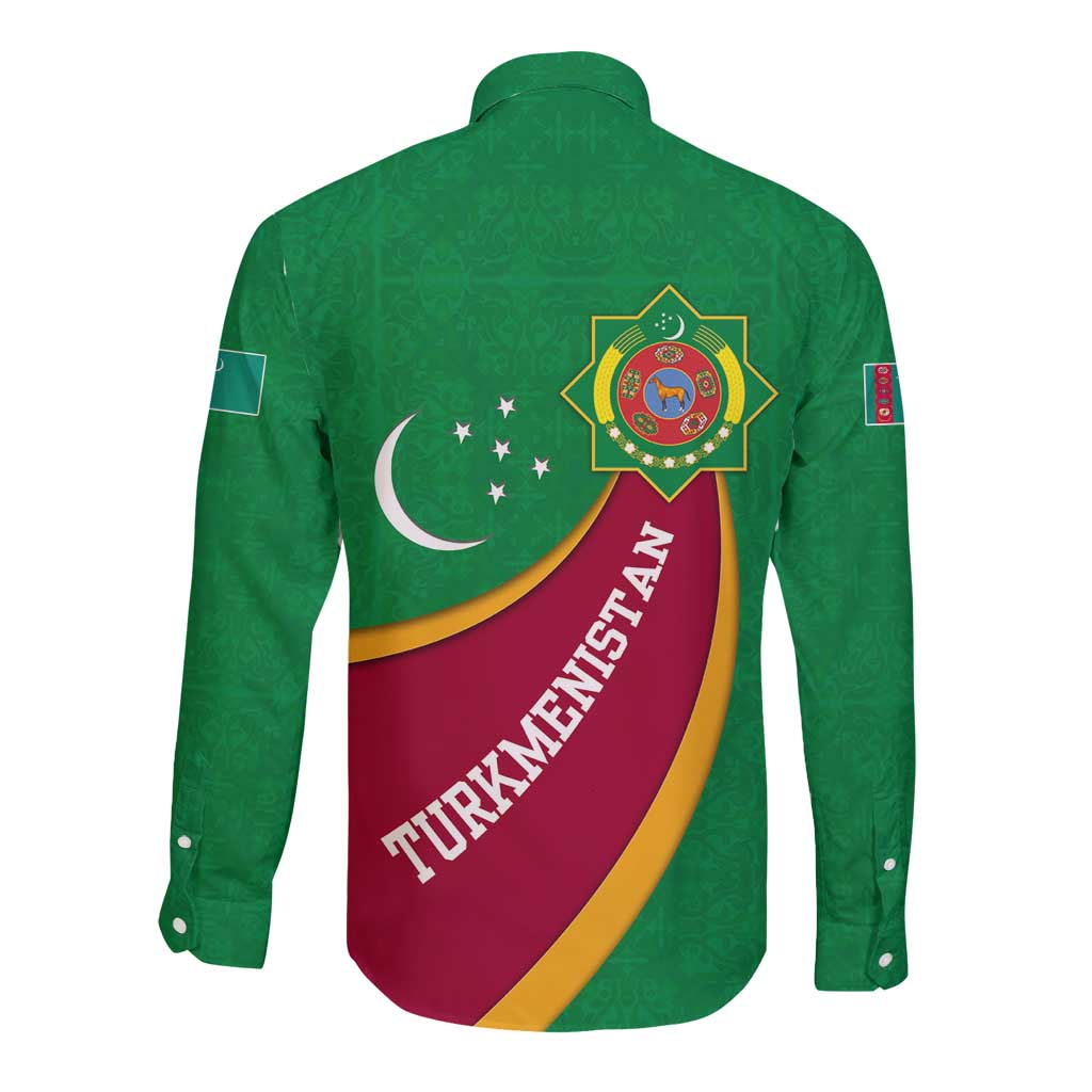 Turkmenistan Green Long Sleeve Button Shirt with Crescent Moon and State Emblem Design