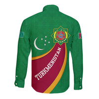 Turkmenistan Green Long Sleeve Button Shirt with Crescent Moon and State Emblem Design