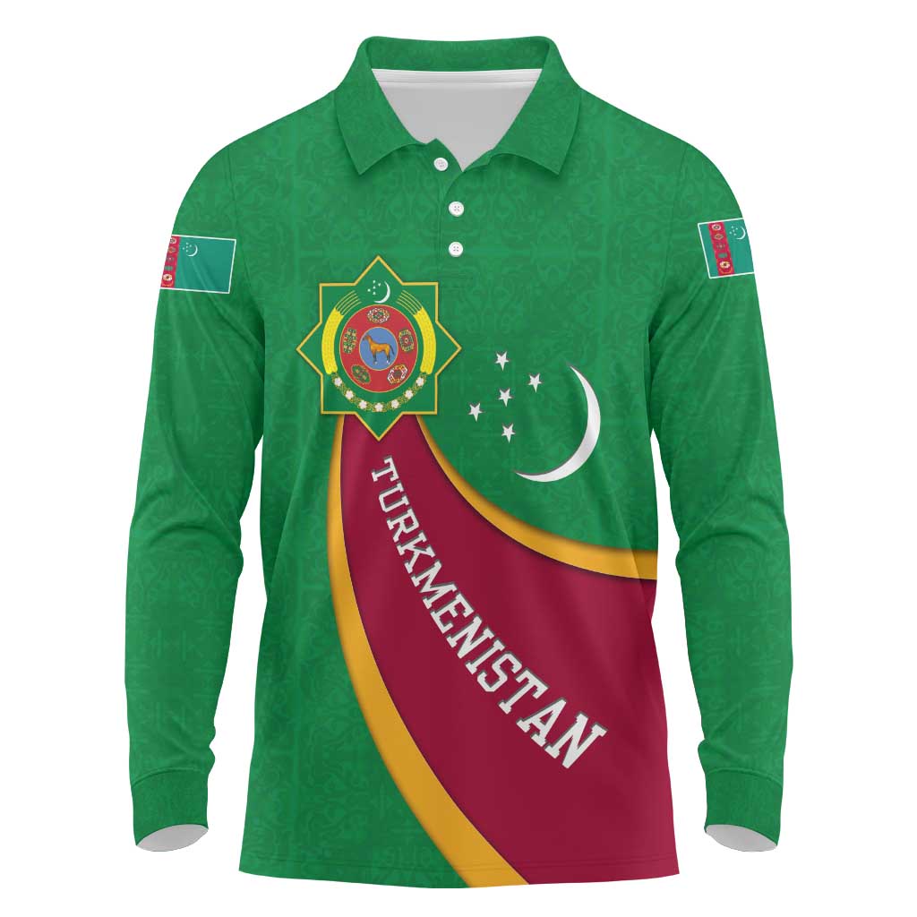 Turkmenistan Green Long Sleeve Polo Shirt with Crescent Moon and State Emblem Design