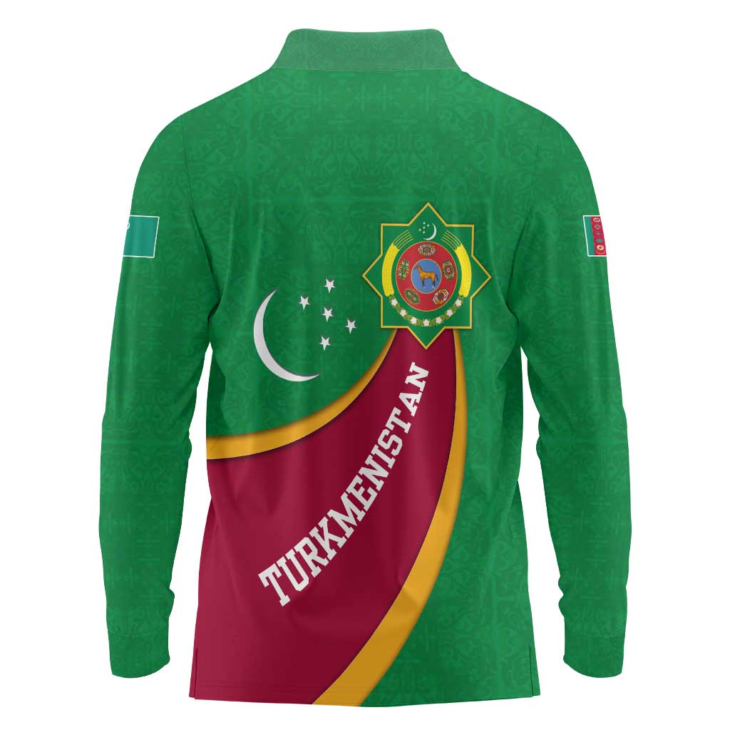 Turkmenistan Green Long Sleeve Polo Shirt with Crescent Moon and State Emblem Design