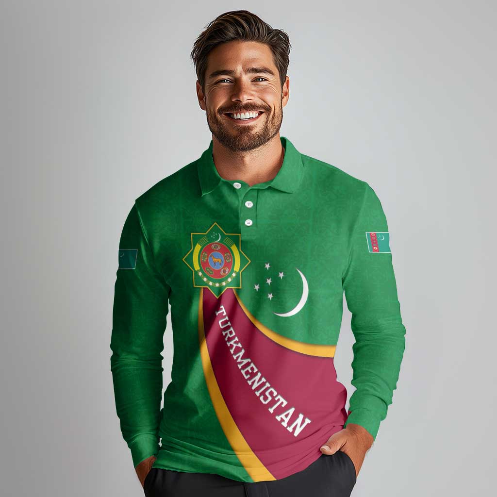Turkmenistan Green Long Sleeve Polo Shirt with Crescent Moon and State Emblem Design