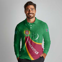 Turkmenistan Green Long Sleeve Polo Shirt with Crescent Moon and State Emblem Design
