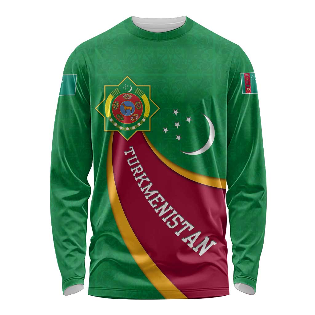 Turkmenistan Green Long Sleeve Shirt with Crescent Moon and State Emblem Design