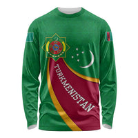 Turkmenistan Green Long Sleeve Shirt with Crescent Moon and State Emblem Design