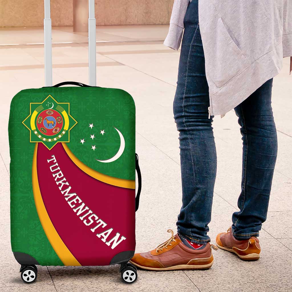 Turkmenistan Green Luggage Cover with Crescent Moon and State Emblem Design