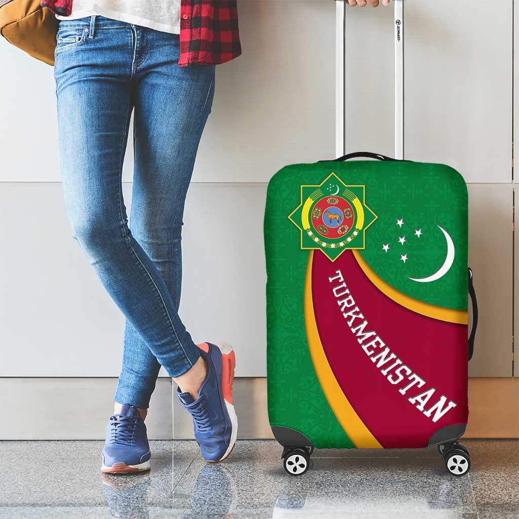 Turkmenistan Green Luggage Cover with Crescent Moon and State Emblem Design