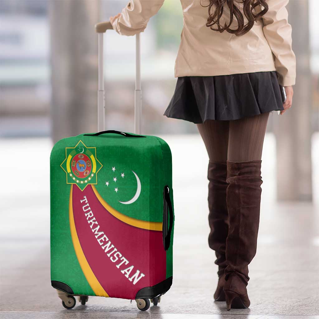 Turkmenistan Green Luggage Cover with Crescent Moon and State Emblem Design