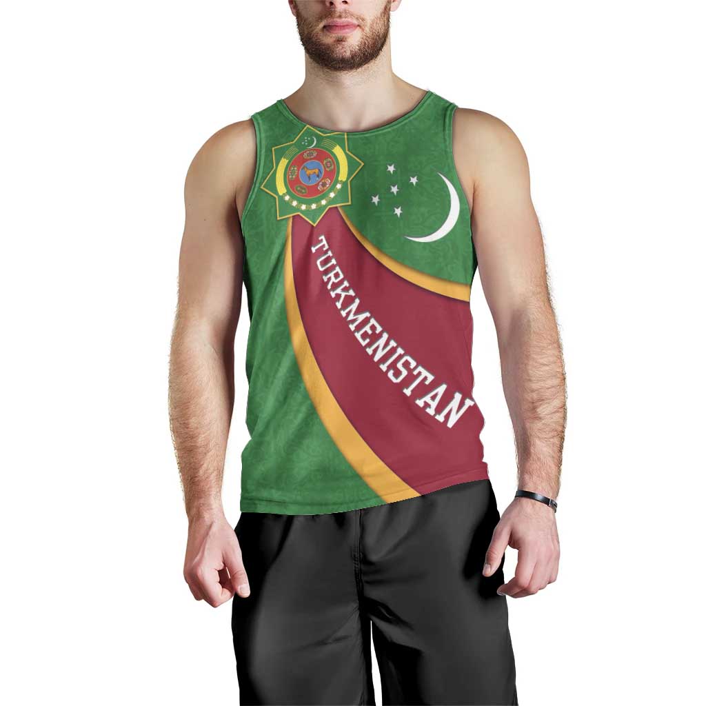 Turkmenistan Green Men Tank Top with Crescent Moon and State Emblem Design