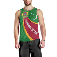 Turkmenistan Green Men Tank Top with Crescent Moon and State Emblem Design